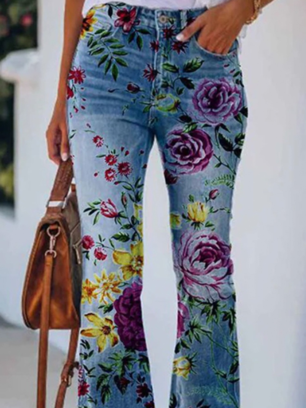 PRINTED jeans with purple floral design
